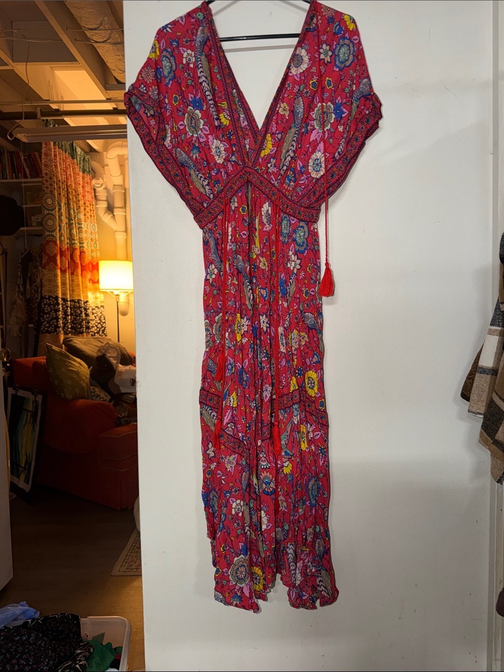 Red Floral Boho V-Neck Maxi Dress - Picture 3 of 4